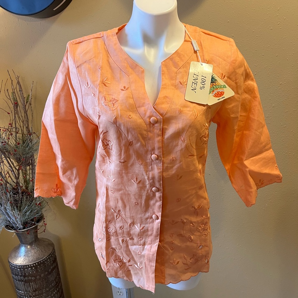 NWT Pineapple 100% linen orange Embroidered Blouse
